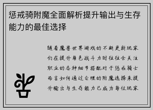 惩戒骑附魔全面解析提升输出与生存能力的最佳选择
